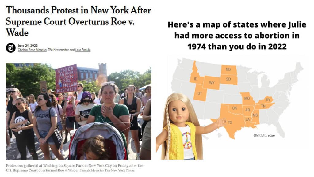 Screenshot of The New York Times article “Thousands Protest in New York After Supreme Court Overturns Roe v. Wade,” (left) and screenshot of Twitter user klitklittredge meme (right), 2022. Both images courtesy of the author.