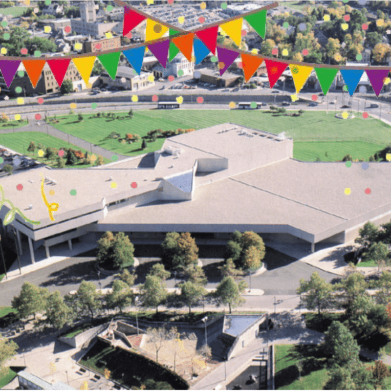 Exterior photo of the Strong museum with birthday banner