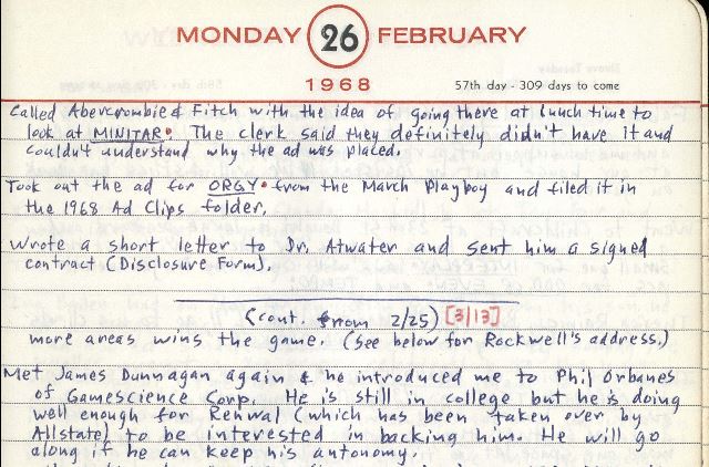 February 26, 1968 page from 1968 diary, Sid Sackson. The Strong, Rochester, New York.