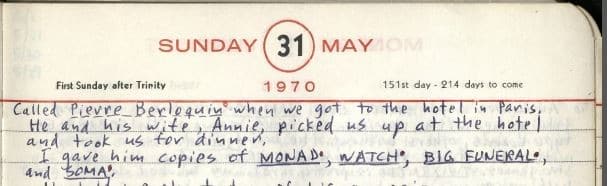 May 31, 1970 page from 1970 diary, Sid Sackson. The Strong, Rochester, New York.