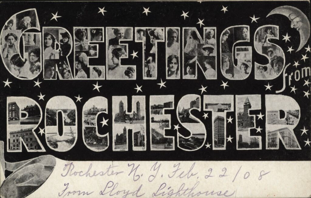 Greetings from Rochester postcard, 1908, The Strong, Rochester, New York.