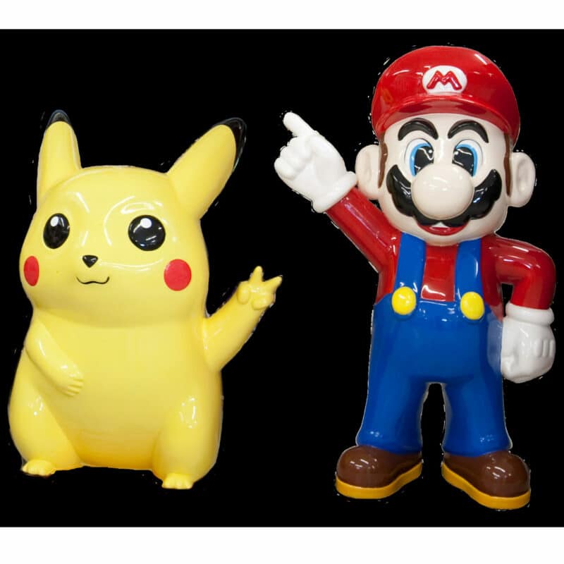 Pokemon character and Mario cutouts