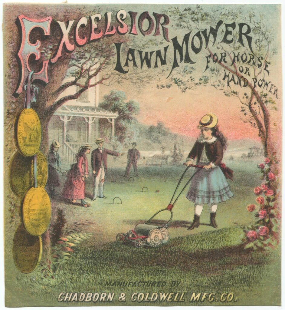 Picture of Trade card for Excelsior lawn mowers, 1876-1890. The Strong National Museum of Play, Rochester, New York. Note the people playing croquet in the background in this advertising image.