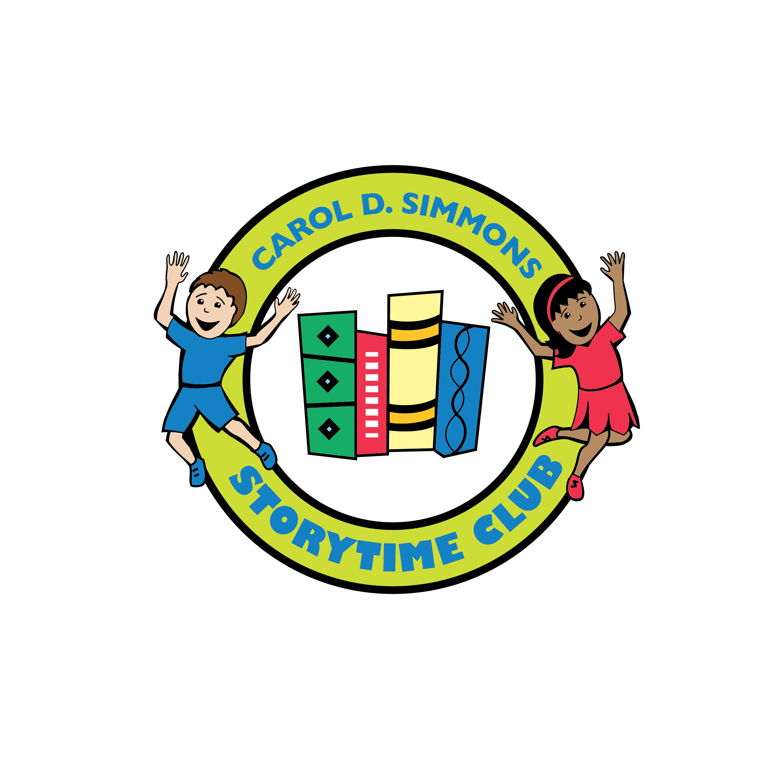 Carol D. Simmons Storytime Club Logo with books and happy kids