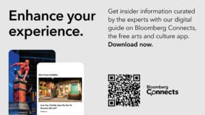 Image card for the Bloomberg Connects app encouraging downloads, which includes a QR code