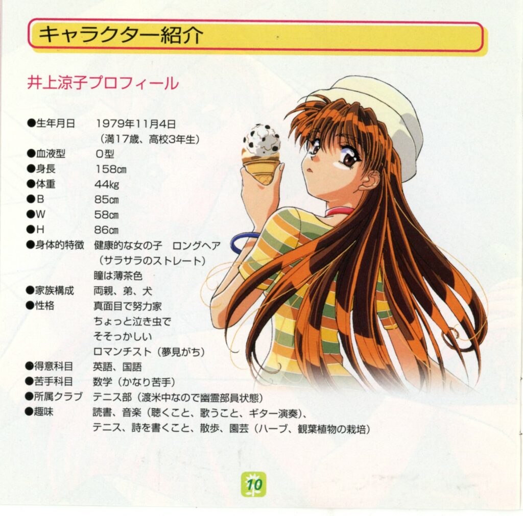 Illustration of a manual Included for most dating sims are the bios of the woo-able girls, details here include birthday, blood type, height, hobbies, etc.