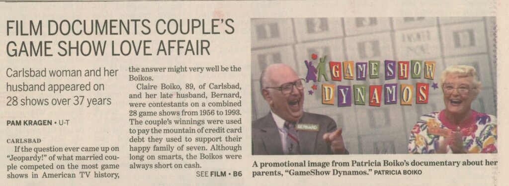 Illustration of Newspaper article clipping, “Film Documents Couple’s Game Show Love Affair,” Pam Kragen, San Diego Union-Tribune, April 16, 2015. From Digital Series III, Folder 01 of the Game Show Dynamos collection. The Strong, Rochester, New York.