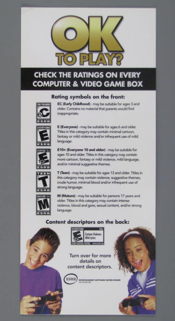 Illustration of rating card for video game titled OK to Play? Check the Ratings on Every Computer & Video Game Box, Entertainment Software Rating Boards, The Strong National Museum of Play, Rochester, New York.