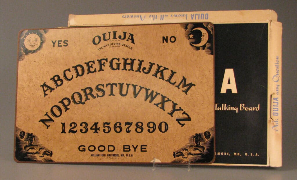 A picture of a Ouija wooden board. Ouija, William Fuld, about 1960, The Strong National Museum of Play, Rochester, New York.