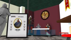 Concept art for exhibit featuring statues in fantasy costumes and armor