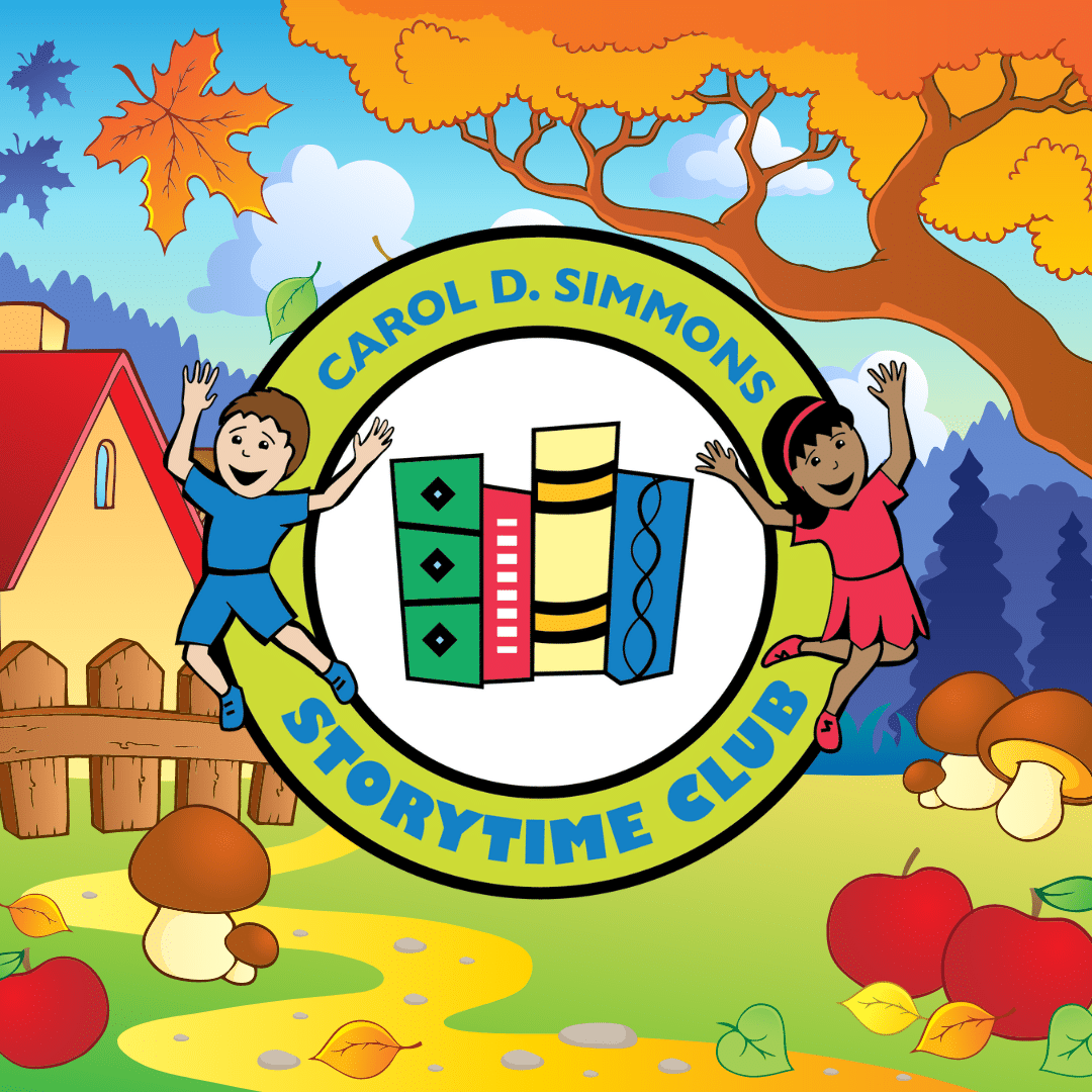 Fall scene with Storytime Club logo in center