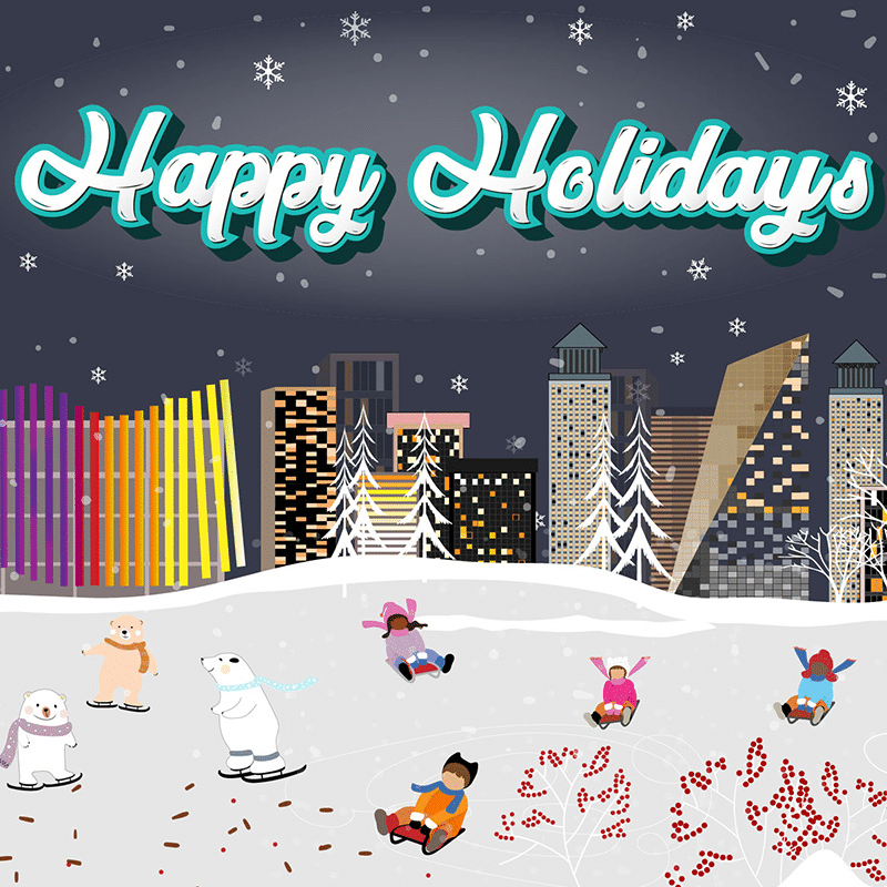 Happy Holidays graphic showing the City of Rochester in winter time