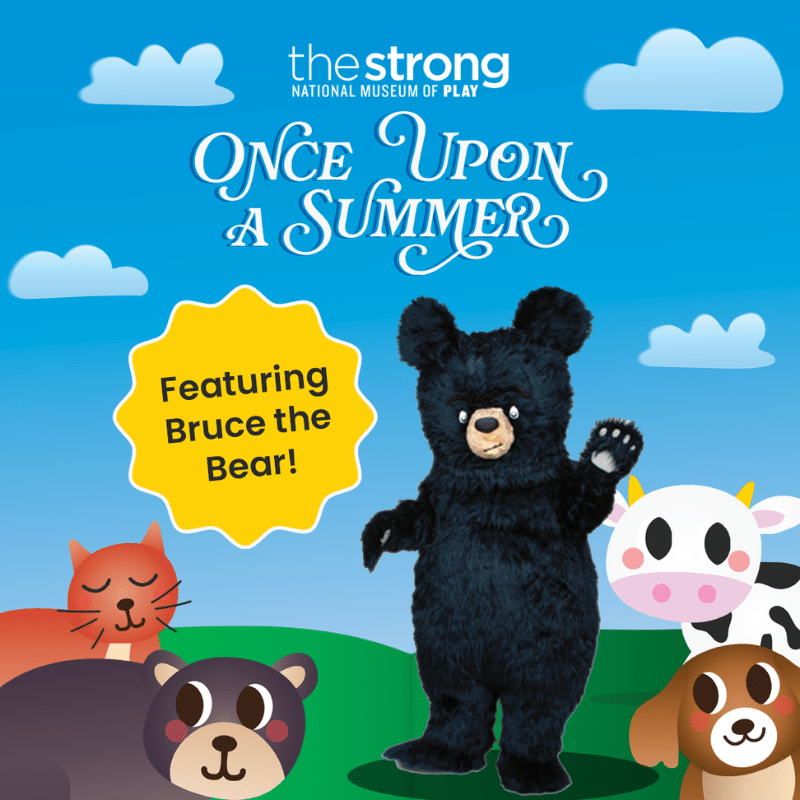 Graphic depicting Bruce The Bear with the text "Once Upon A Summer" and "Featuring Bruce The Bear"