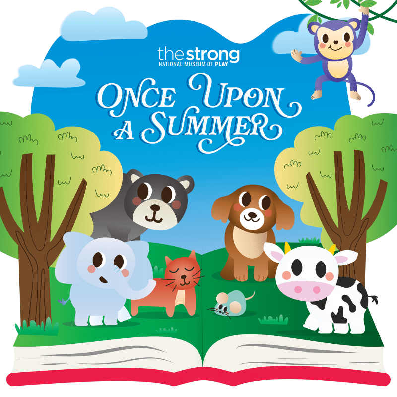 Graphic depicting cartoon animals and trees emerging from a storybook with the words "Once Upon A Summer" written at the top.
