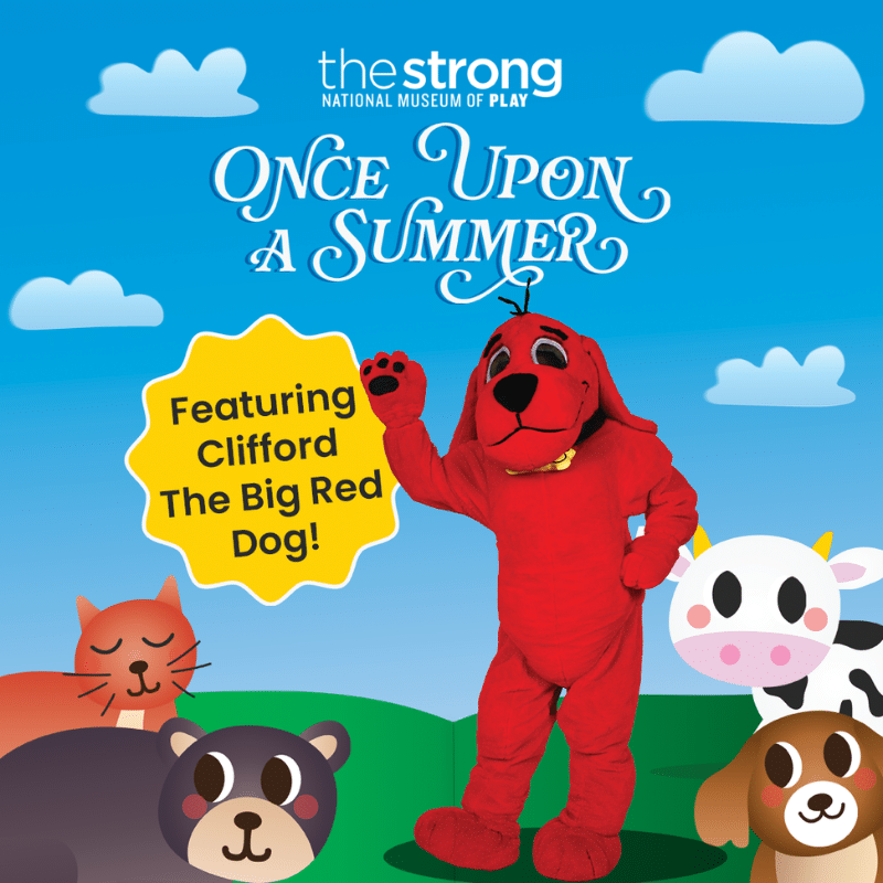 Graphic depicting Clifford waving with the words "Once Upon A Summer" and "Featuring Clifford the Big Red Dog"