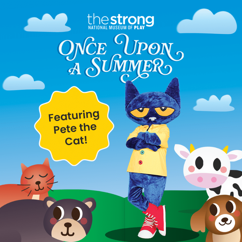 Graphic depicting Pete The Cat posing with text reading "Once Upon A Summer" and "Featuring Pete the Cat"