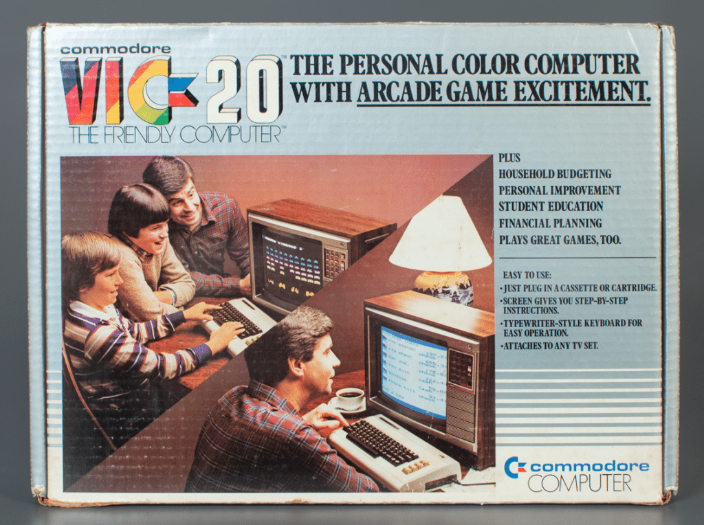 Packaging for the Commodore VIC-20, released in 1980, shows users engaging with the home personal computer. Key highlights of its marketing can be found here, including the use of color, affordable price point, and user friendliness. The Strong National Museum of Play, Rochester, New York.