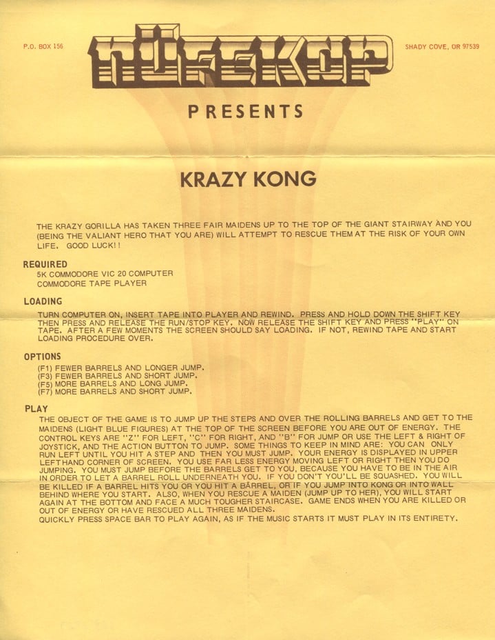 Krazy Kong, 1982. Advertisement that includes computing requirements, game set-up, as well as how-to-play instructions. The Strong National Museum of Play, Rochester, New York.