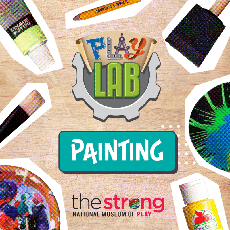Graphic showing paint and paint brushes and text that says "Play Lab" and "Painting"