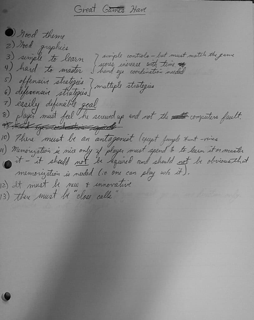 Handwritten page of notes “Great Games Have” list by Ed Logg, about 1982. The Brian Sutton-Smith Library and Archives of Play at The Strong National Museum of Play, Rochester, New York.