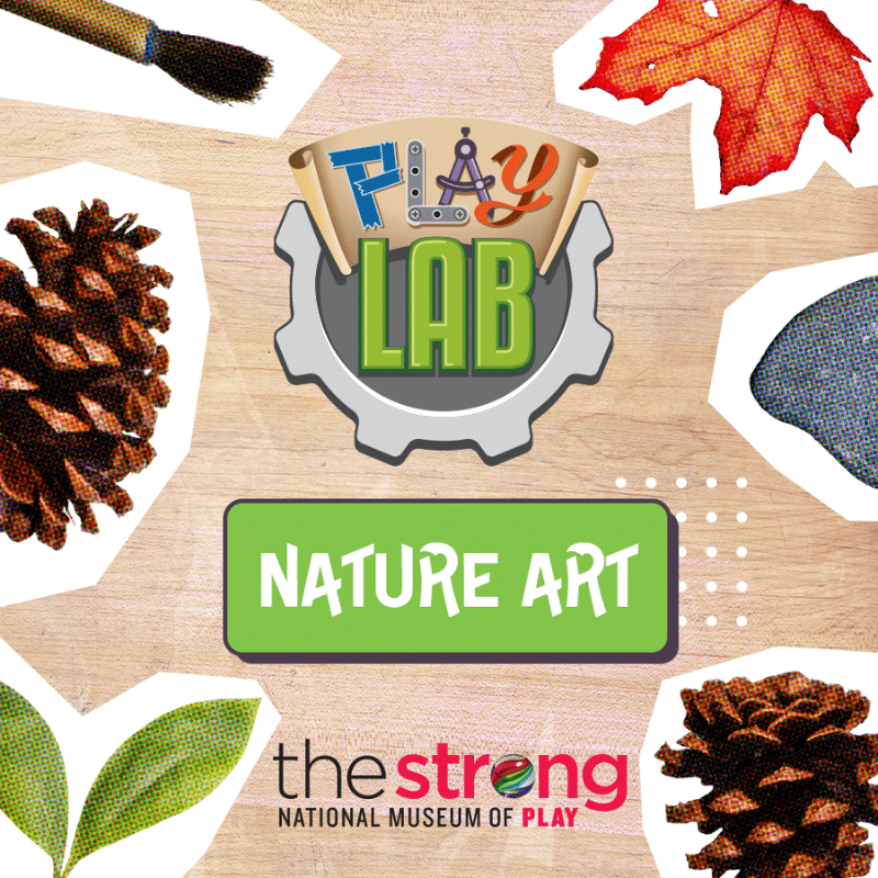 Play Lab graphic with the words "Nature Art" and images of pinecones, leaves, and a paint brush.