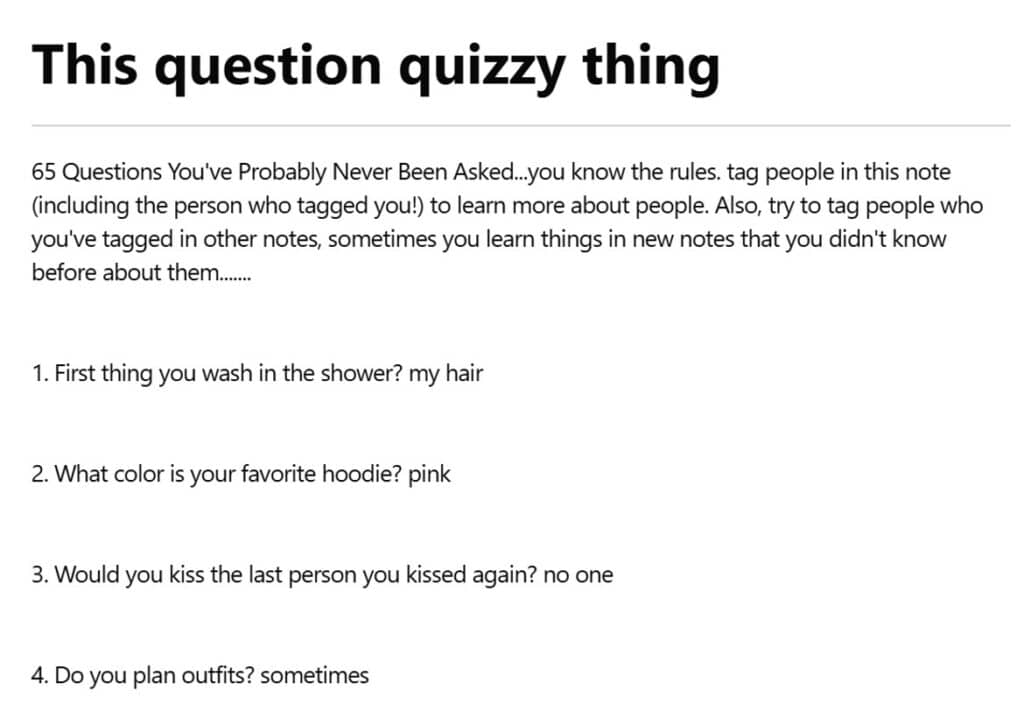 Screenshot of “This question quizzy thing” note on Facebook, originally created May 9, 2009, accessed June 19, 2025, courtesy of author.