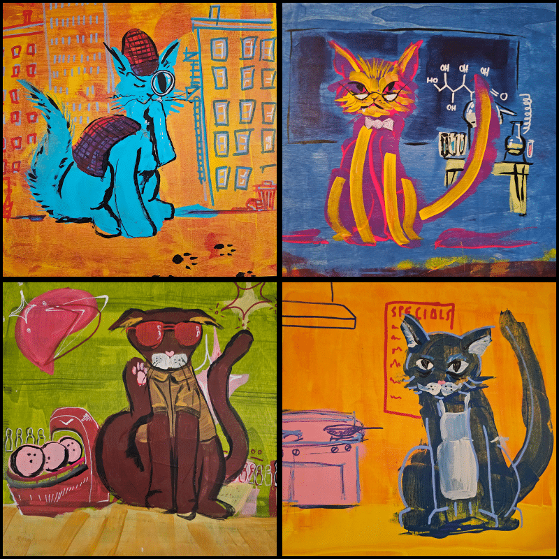 colorful paintings of cats.