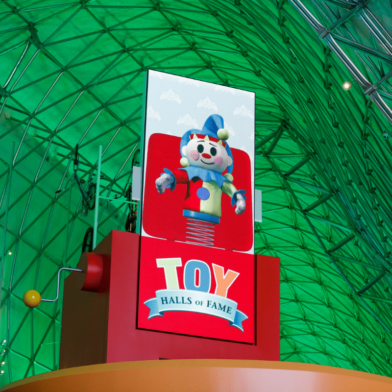 Photo of Toy Halls exhibit with large LED sign.