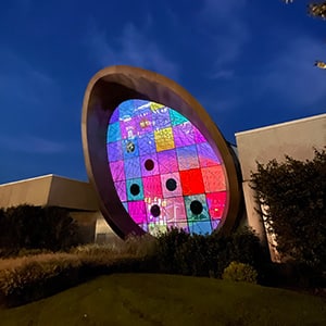 Exterior window of museum at night