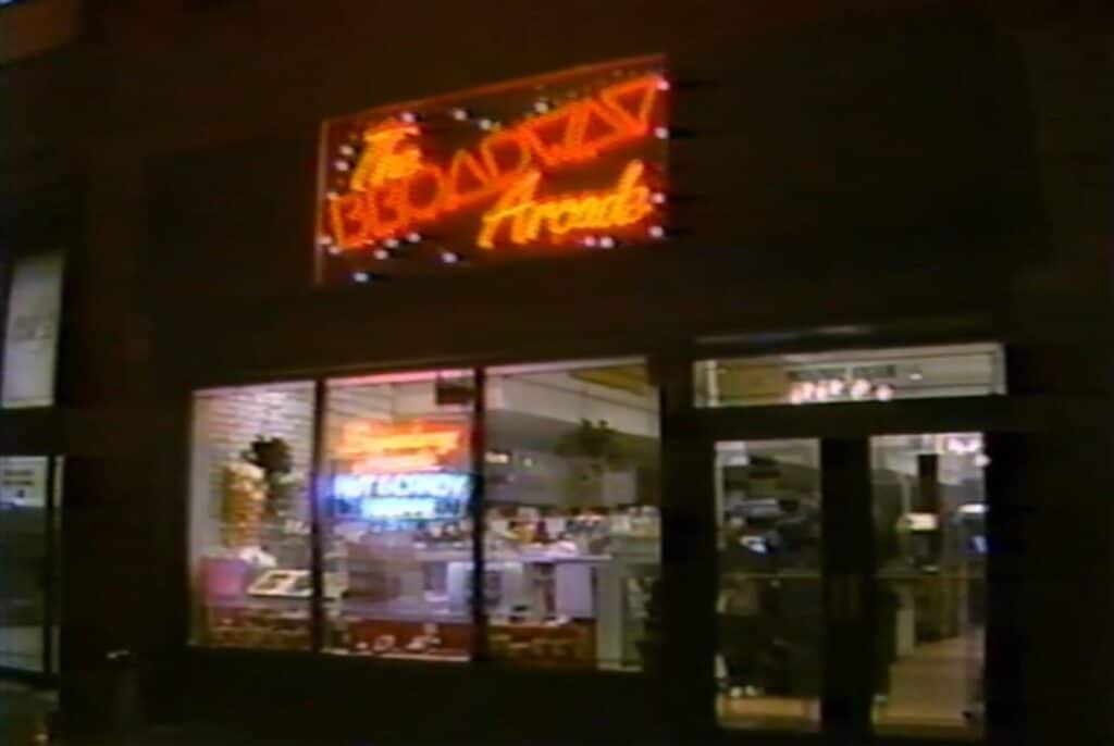 Screen capture of exterior of The Broadway Arcade, mid-1980s. The Brian Sutton-Smith Library and Archives of Play at The Strong National Museum of Play, Rochester, New York.