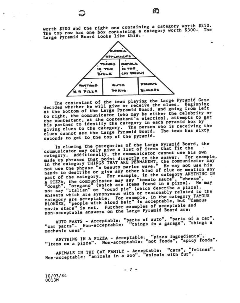 Copy of a page from the game show "bible"