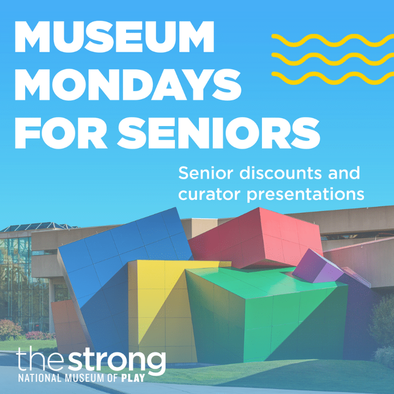 Graphic showing exterior of museum with text that says "Museum Mondays for Seniors"