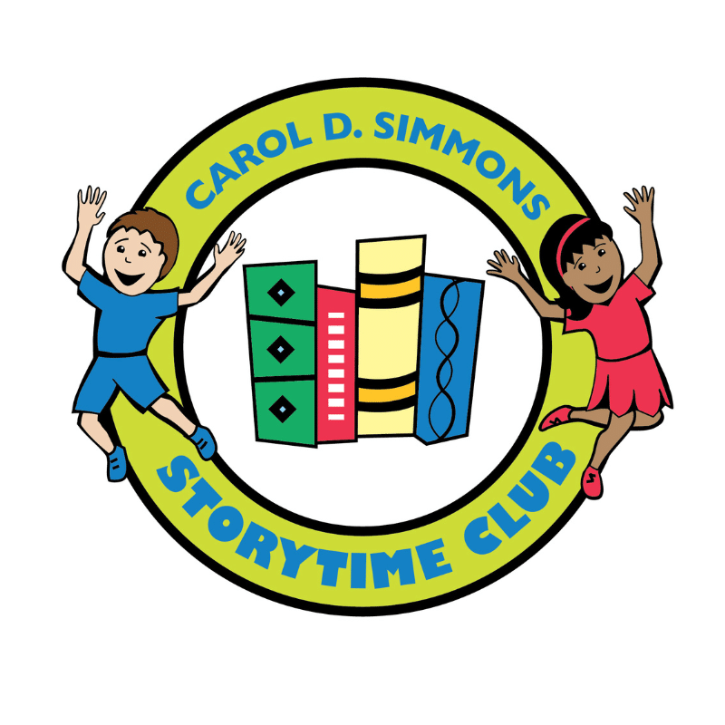 Storytime Club Logo featuring two happy kids and four books