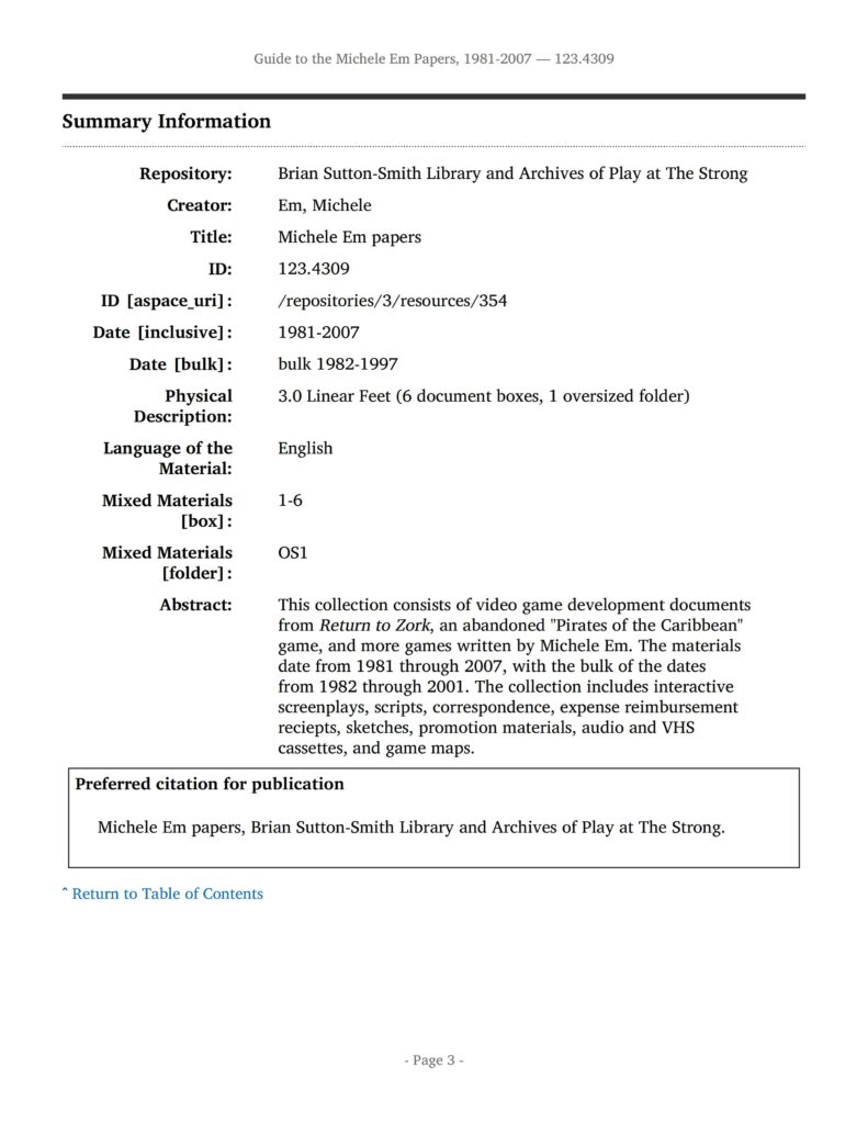 The summary page of the finding aid for the Michele Em papers, The Brian Sutton-Smith Library and Archives of Play at The Strong, Rochester, New York.