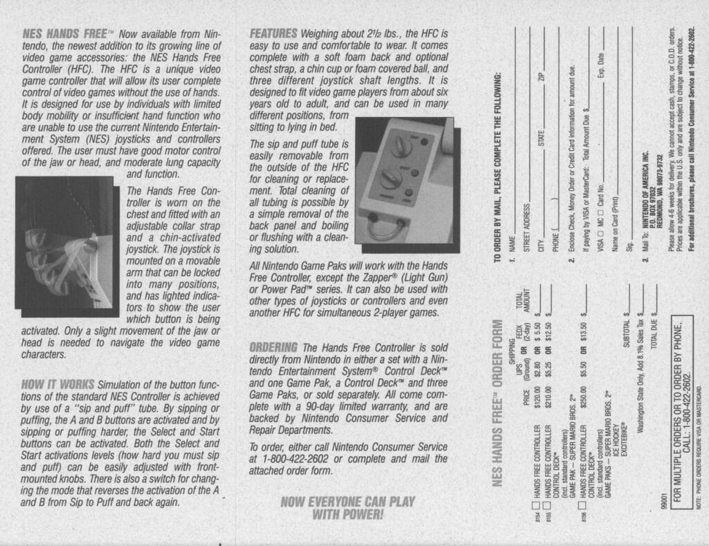 Nintendo Hands Free Controller order form, 1989. The Brian Sutton-Smith Library and Archives of Play at The Strong, Rochester, New York.