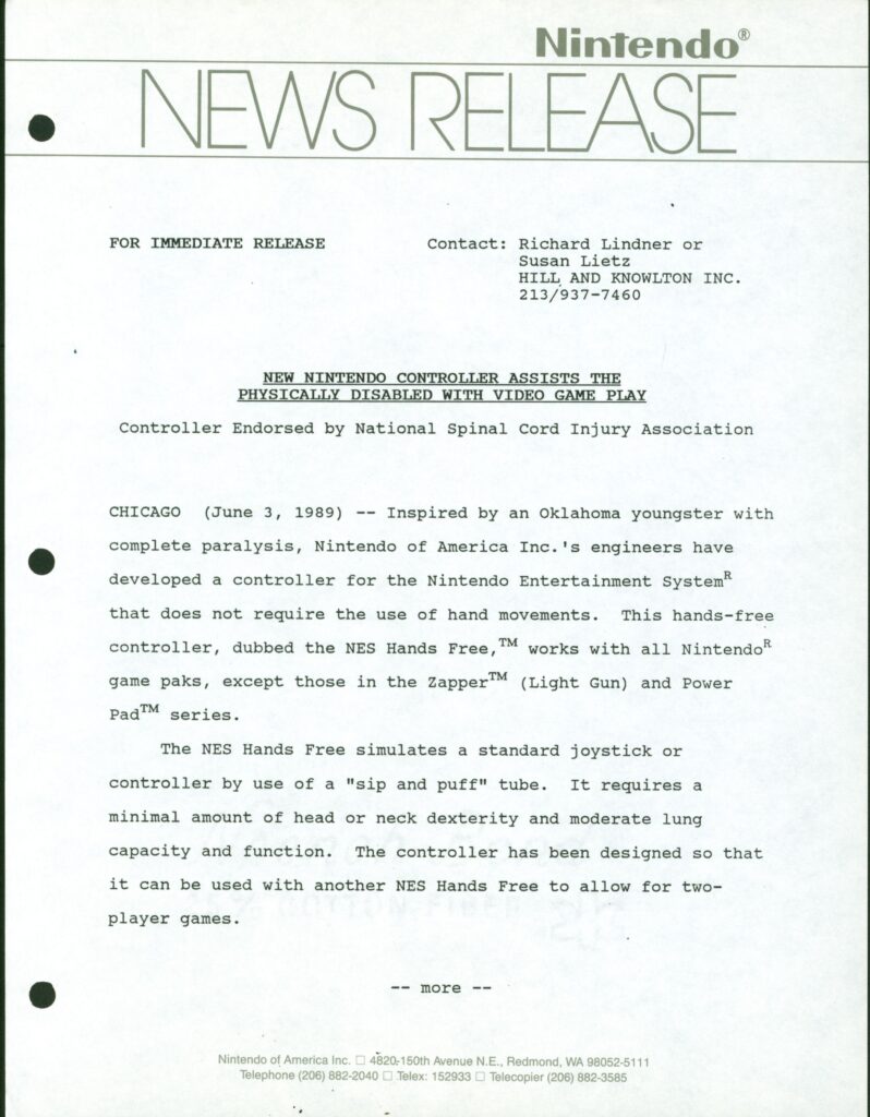Nintendo news release, 1989. The Brian Sutton-Smith Library and Archives of Play at The Strong, Rochester, New York.
