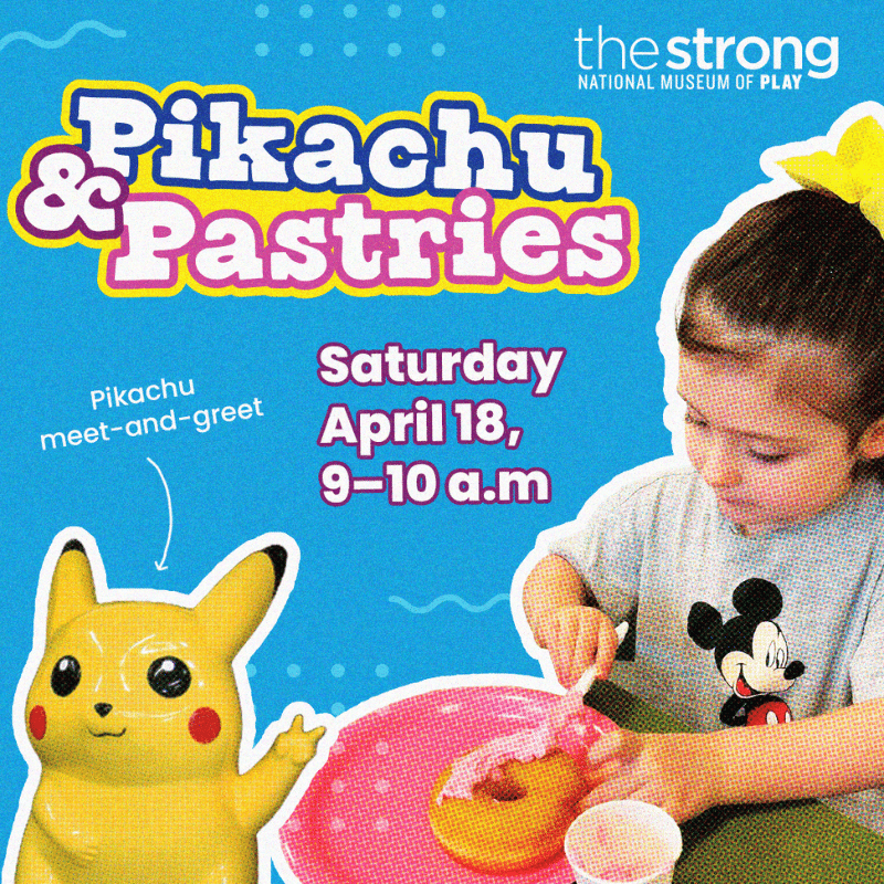 Graphic with girl decorating Donut with text saying "Pikachu & Pastries"