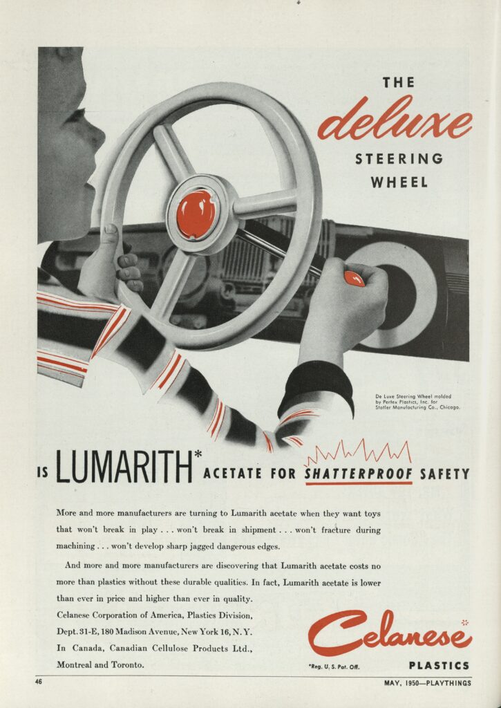Advertisement for Celanese Plastics in Playthings magazine, 1950. The Brian Sutton-Smith Library and Archives of Play at The Strong National Museum of Play, Rochester, New York.