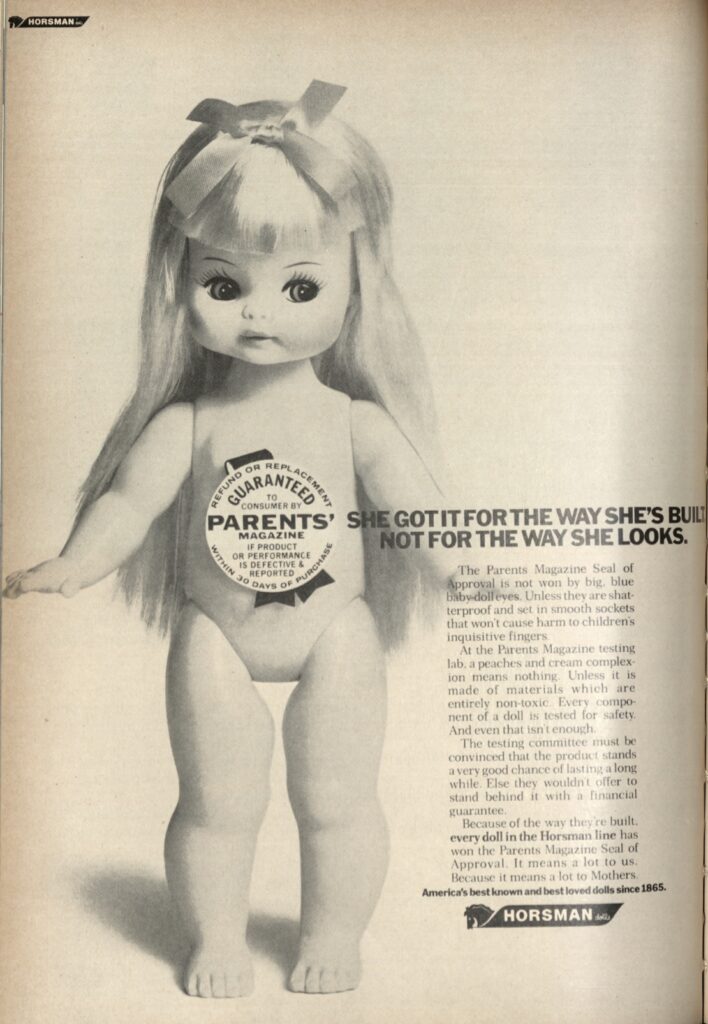 Advertisement for Horsman dolls in Playthings magazine, 1971. The Brian Sutton-Smith Library and Archives of Play at The Strong National Museum of Play, Rochester, New York.