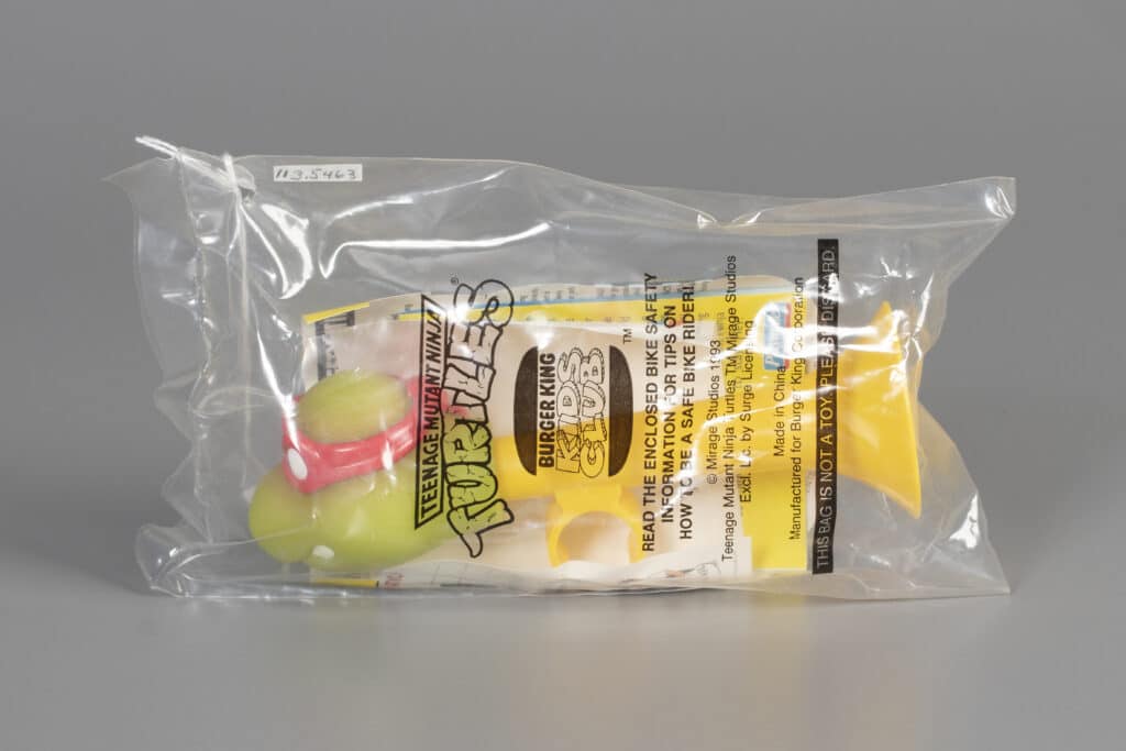 Teenage Mutant Ninja Turtles bike horn, Burger King Kids Club premium, 1993, gift of Garth Parker, Andrea Bolton, and Kellan Parker, The Strong National Museum of Play, Rochester, New York.