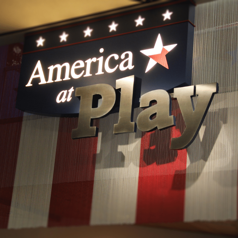 "America at Play" Exhibit sign