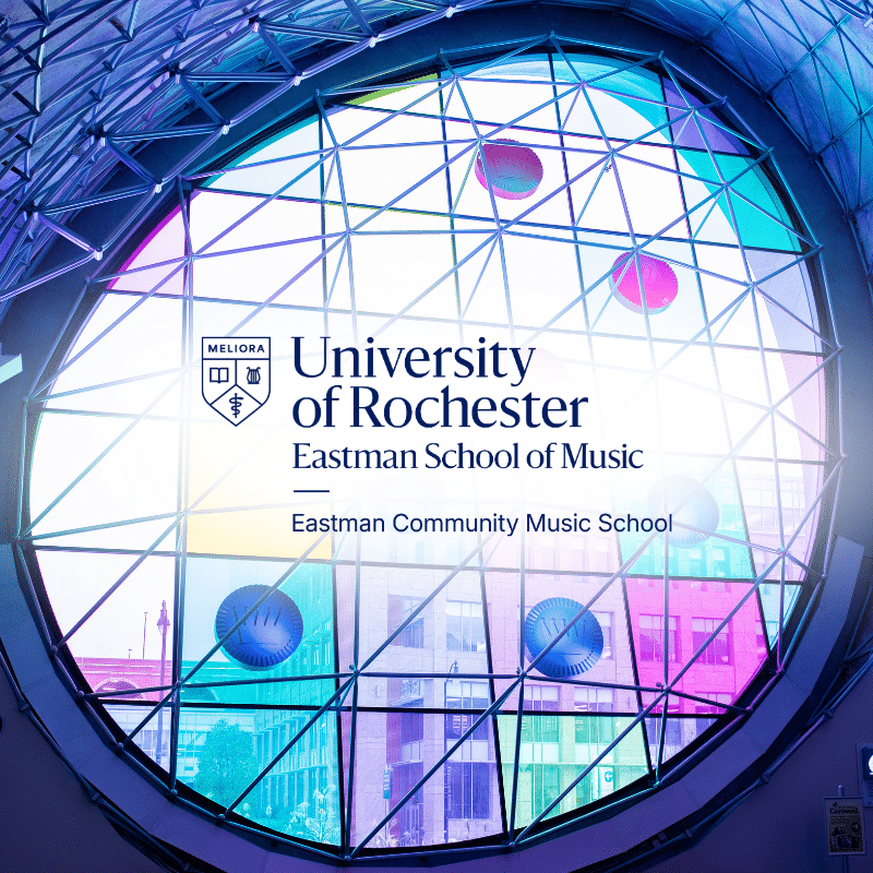 Adams Atrium window with Eastman Community Music School logo overlayed