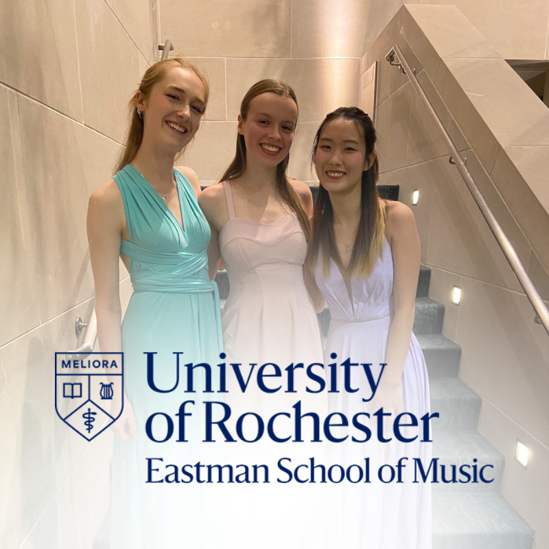 Three members of Trio Narnia with the Eastman School of Music logo.