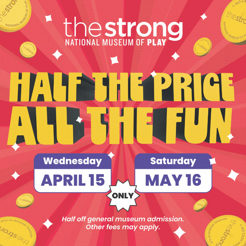 Red, Yellow, and purple graphic that reads, "Half the price, all the fun"