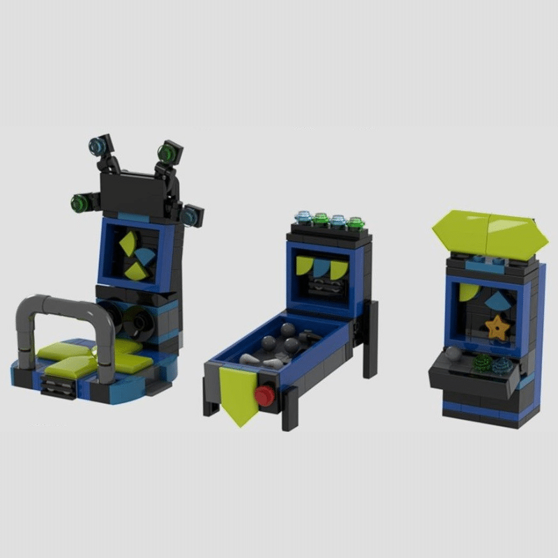 three different arcade games made out of LEGOs