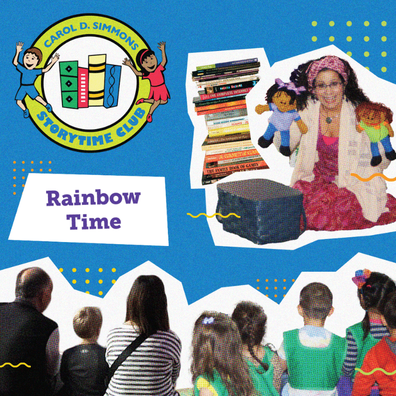 Graphic showing woman reading to a group with text saying "Rainbow Time"