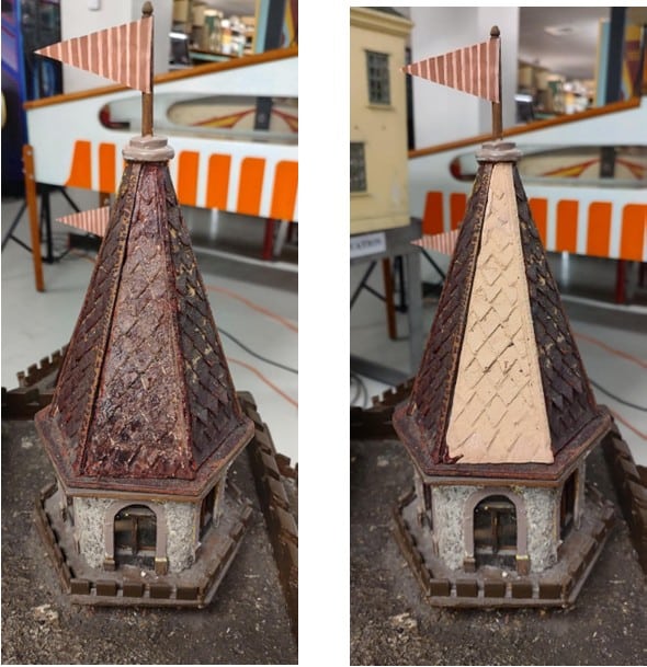 Cast section of missing roof before and after toning