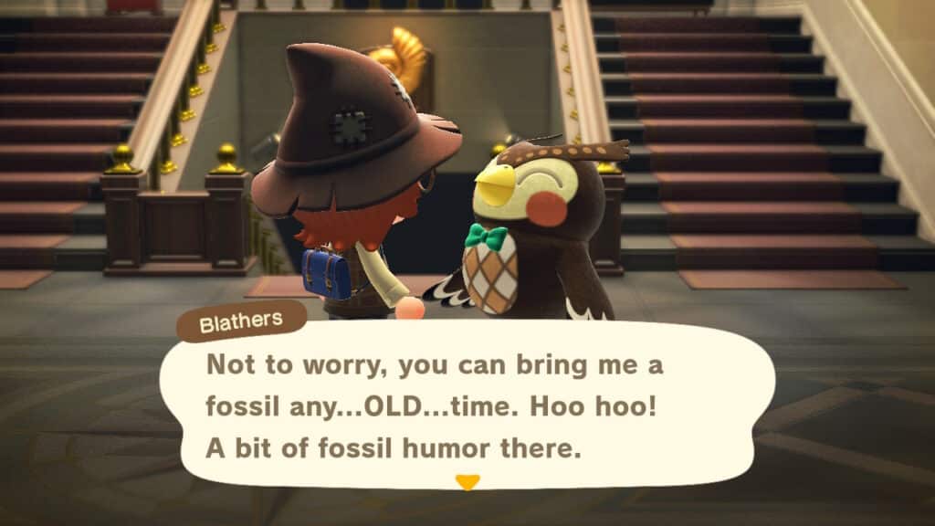 Chatting with Blathers. Screen capture of Animal Crossing: New Horizons, 2020 (captured 2026), courtesy of the author.