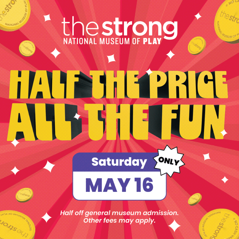 Red and Yellow graphic wqith tect saying "Half the price, all the fun. May 16 Only."