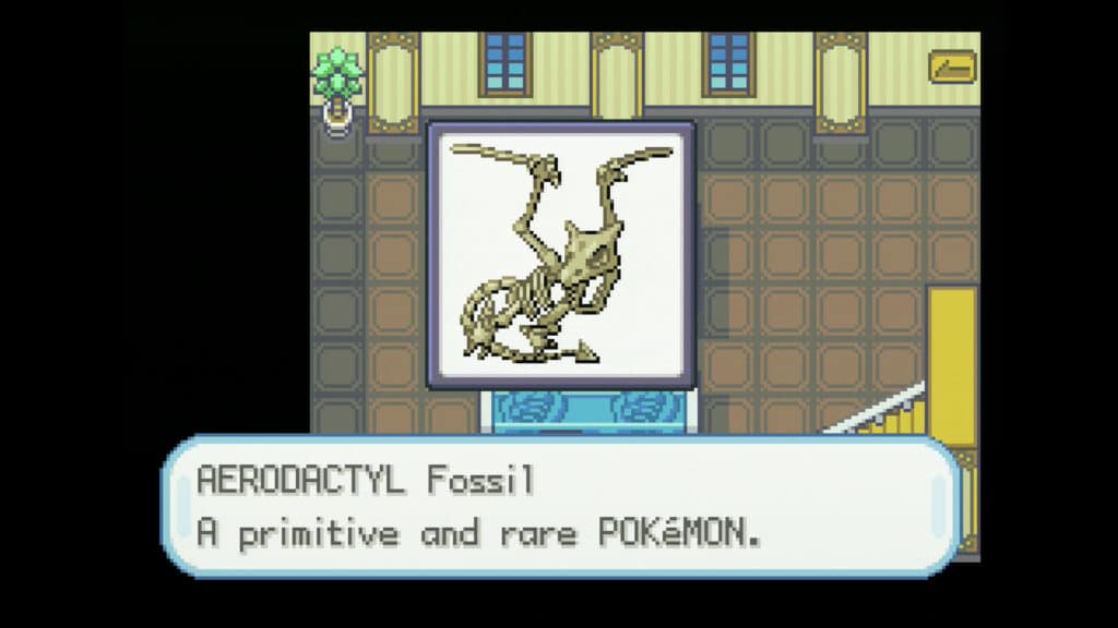 The Pewter Museum of Science, Aerodactyl fossil. Screen capture of Pokémon: LeafGreen, 2004 (captured 2026), The Strong National Museum of Play, Rochester, New York.